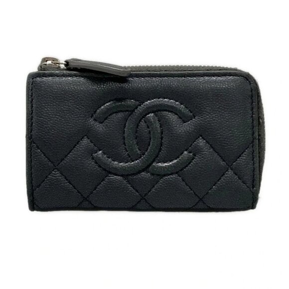 Auth CHANEL Matelasse Dark Gray Lambskin Coin Case - Picture 1 of 10